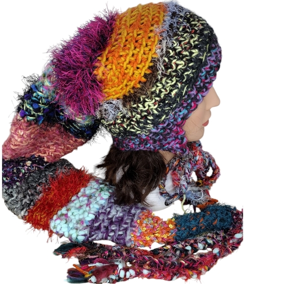 Bohemian long cone shape warm knit colorful Slouchy women's hat - Picture 5 of 6